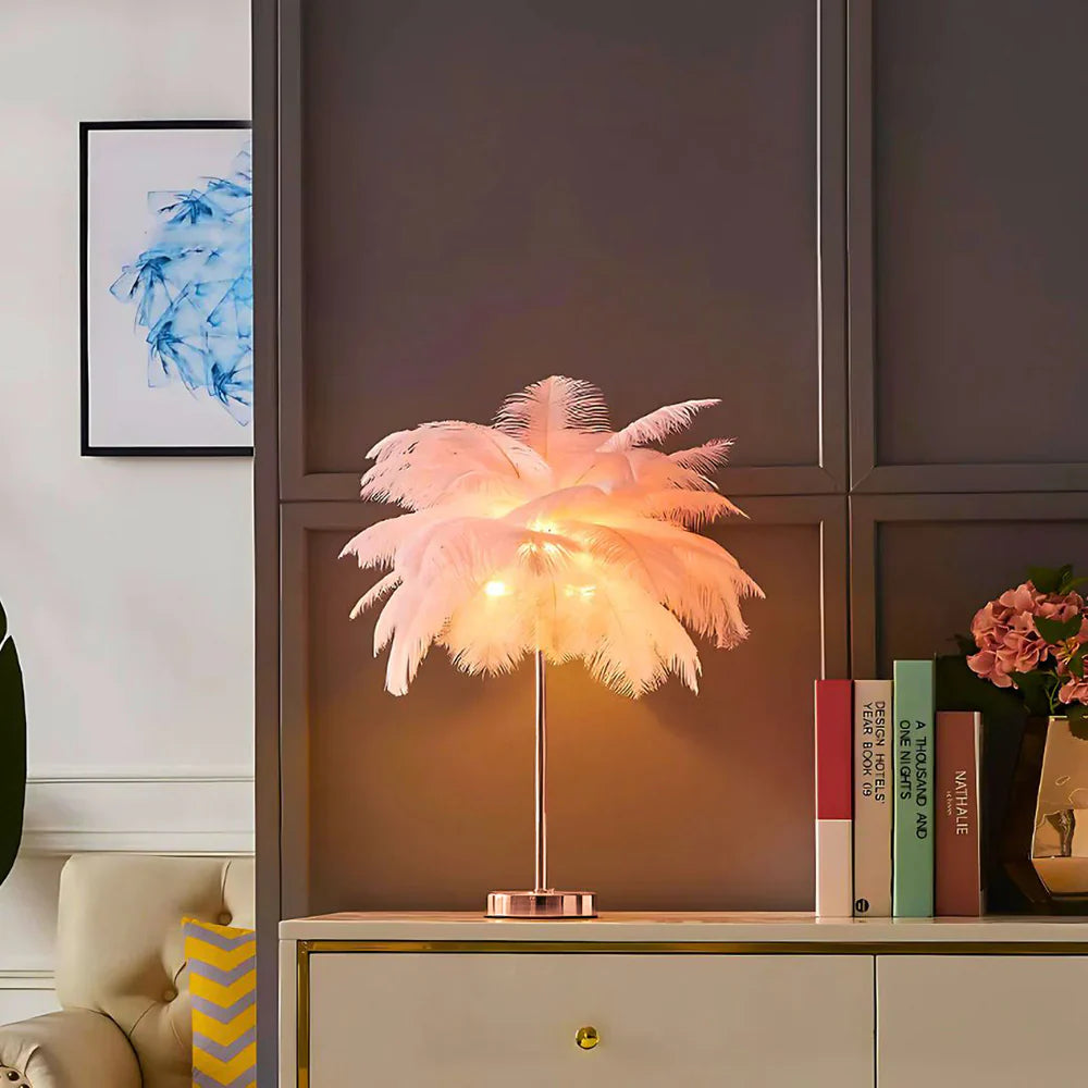 Feather Table Lamp with Metal Stem and Round Base