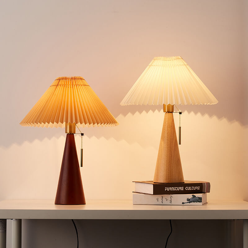 Wooden Table Lamp with Pleated Fabric Shade