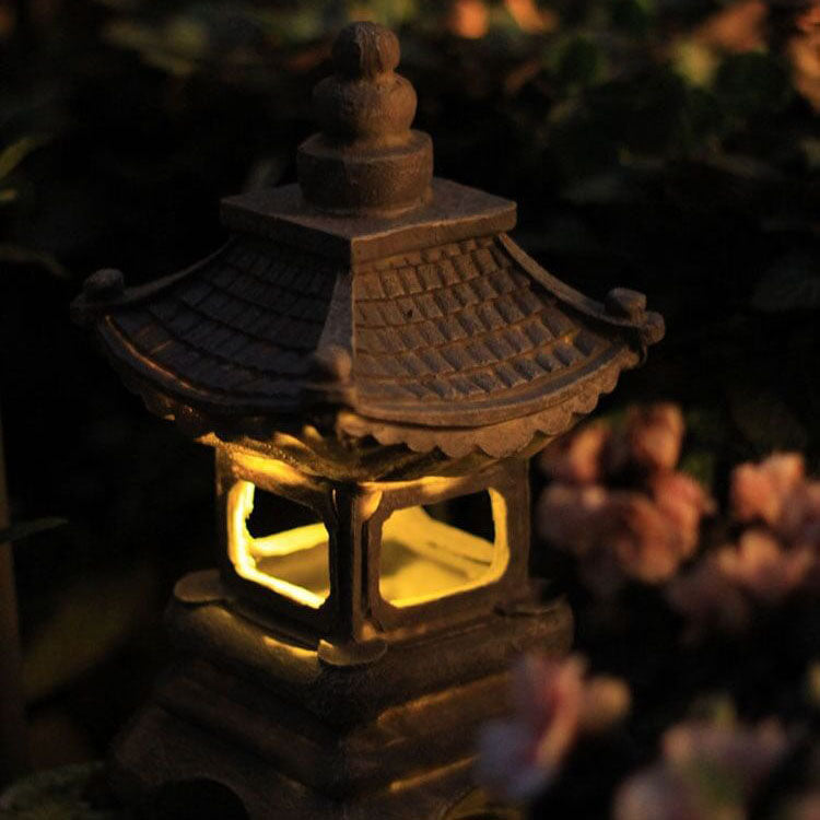Solar Powered Pagoda Shape Resin Garden Light in Stone Finish