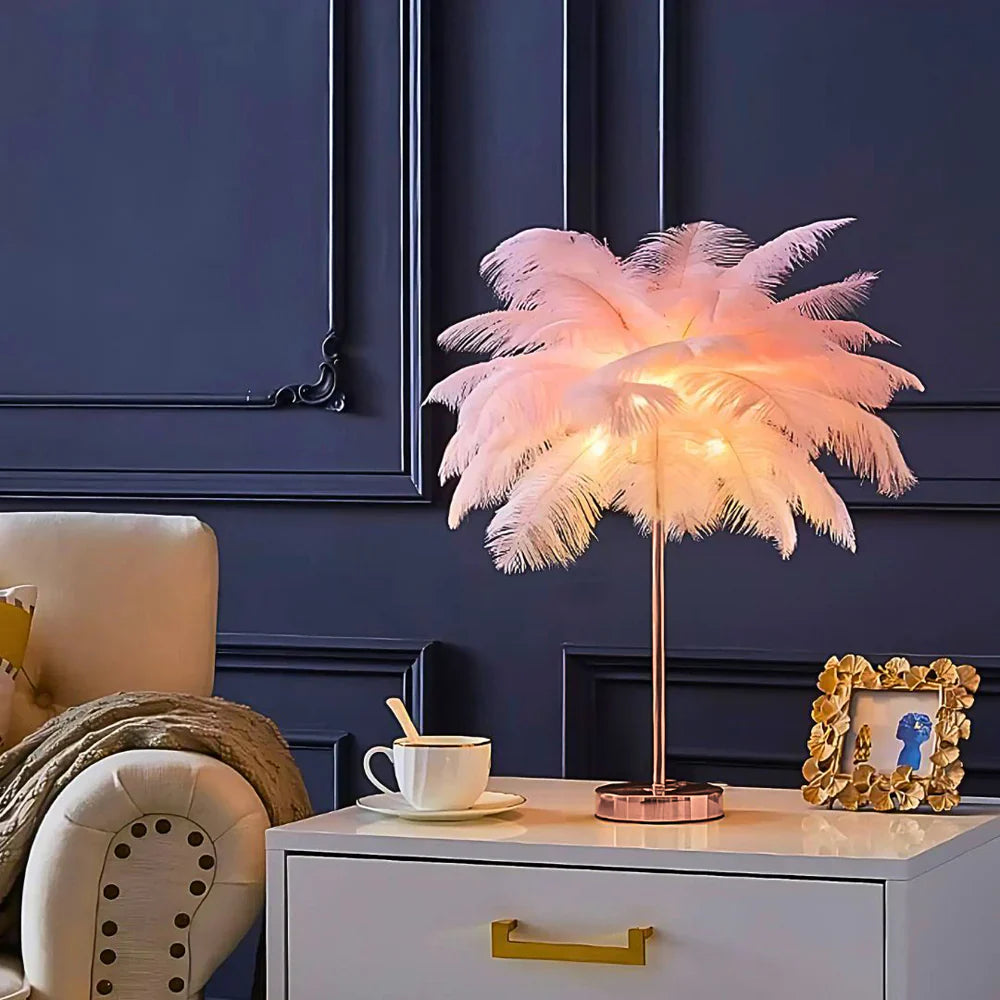 Feather Table Lamp with Metal Stem and Round Base
