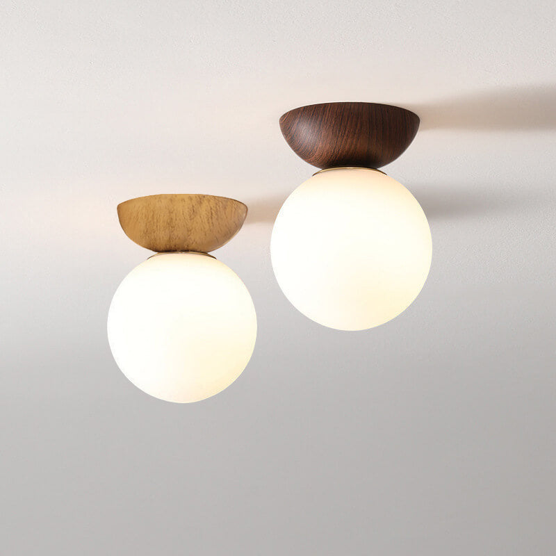 Single Globe Ceiling Light with Wooden Detail and Metal Mount