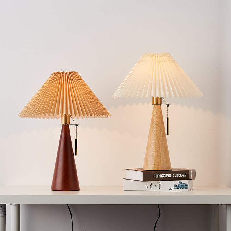 Wooden Table Lamp with Pleated Fabric Shade