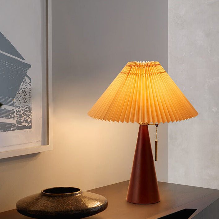 Wooden Table Lamp with Pleated Fabric Shade