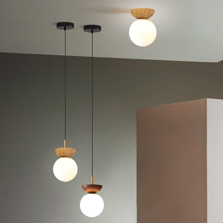 Single Globe Ceiling Light with Wooden Detail and Metal Mount