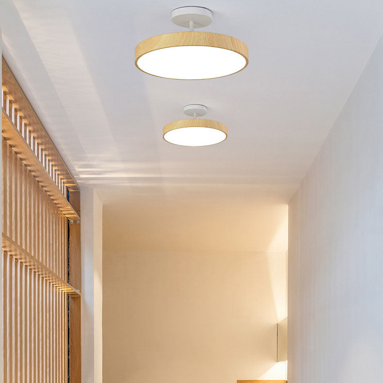 Round LED Semi Flush Ceiling Light with Japanese Wooden Frame