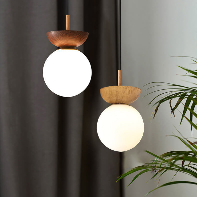 Single Globe Ceiling Light with Wooden Detail and Metal Mount