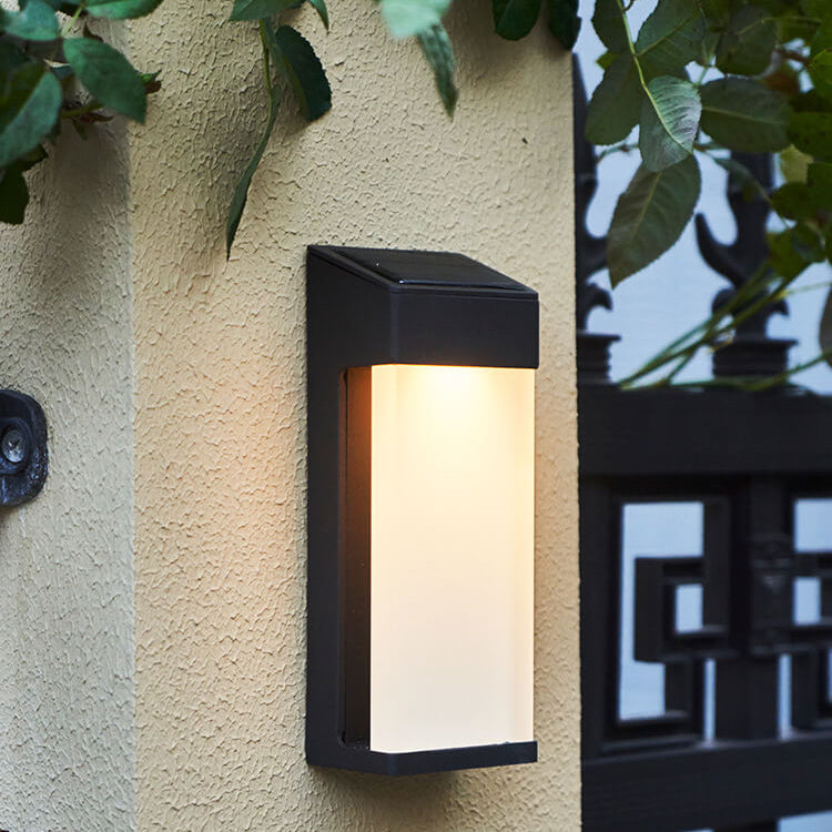 Solar Outdoor Wall Lamp Black Metal Rectangular Glass Shade