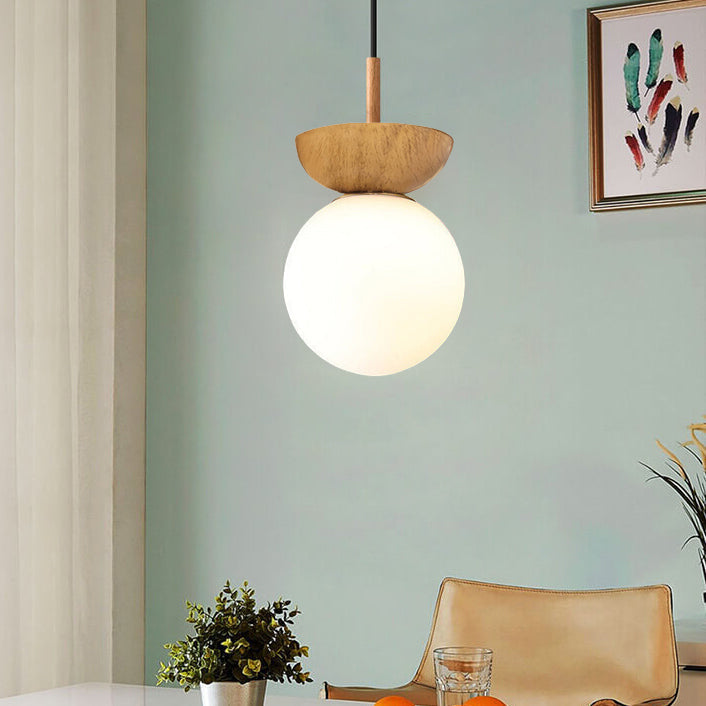 Single Globe Ceiling Light with Wooden Detail and Metal Mount