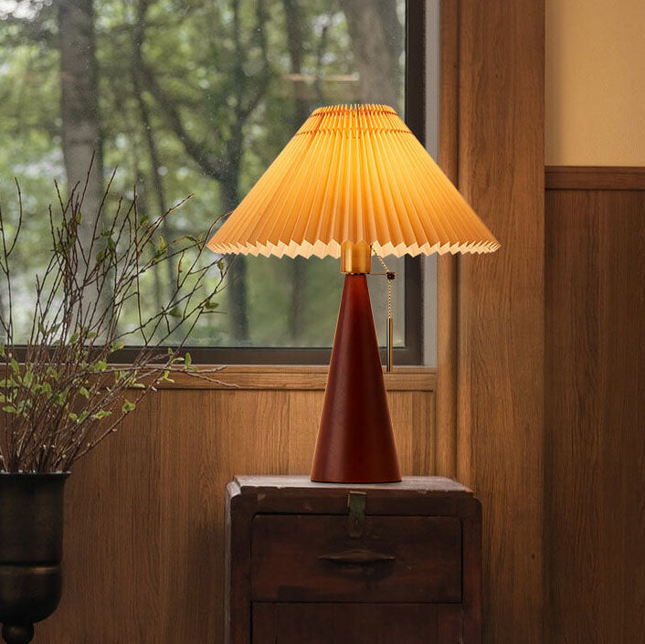 Wooden Table Lamp with Pleated Fabric Shade