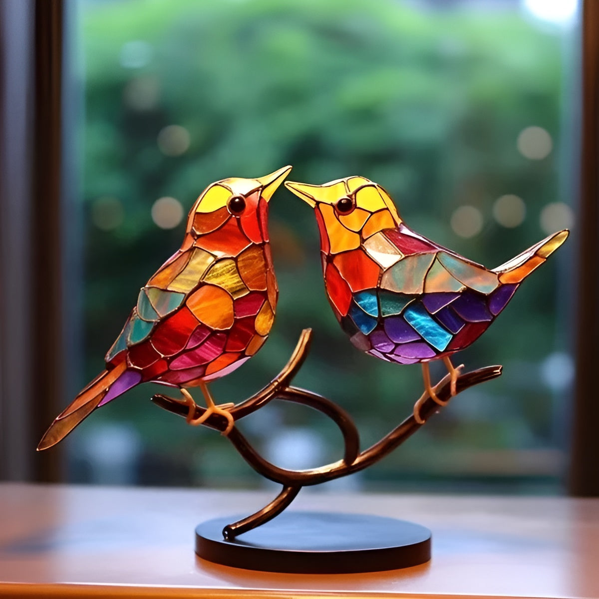 Coloured Glass-Look Birds Ornament On Metal Branch Stand