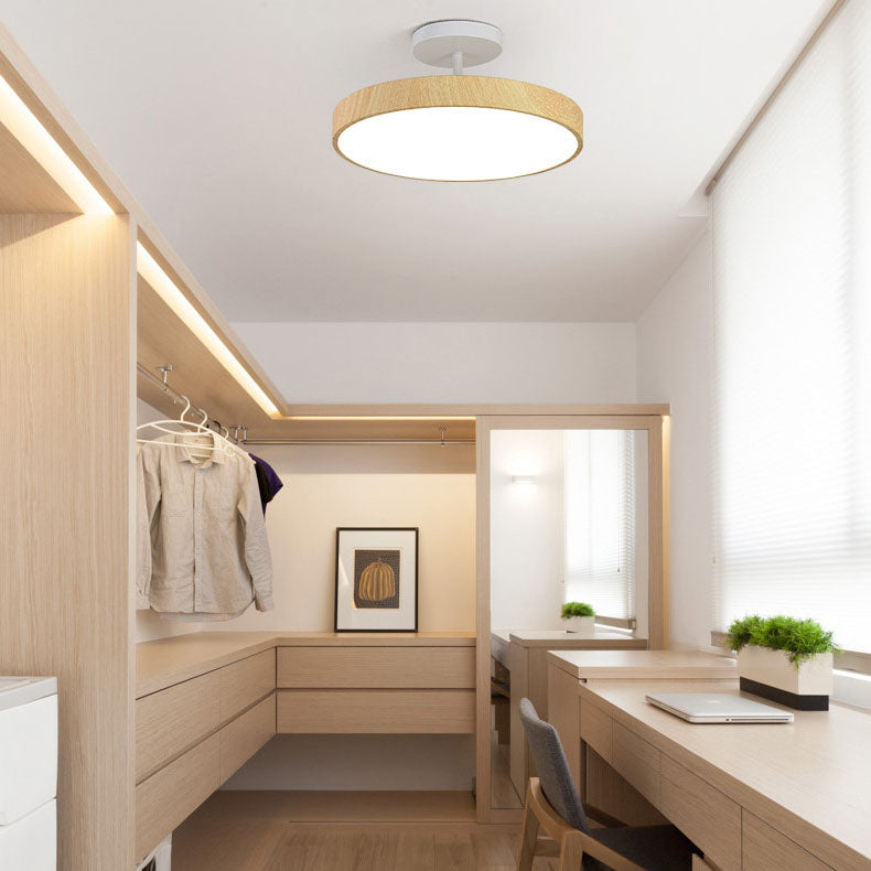 Round LED Semi Flush Ceiling Light with Japanese Wooden Frame