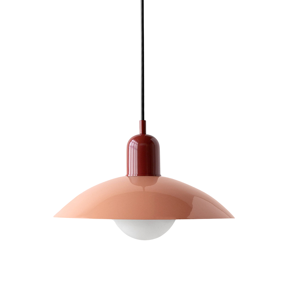 Hanging ceiling lamp with shallow curved metal shade