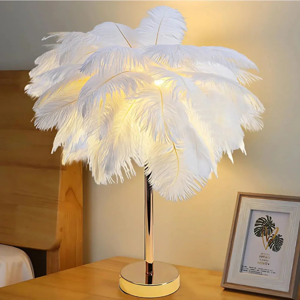 Feather Table Lamp with Metal Stem and Round Base