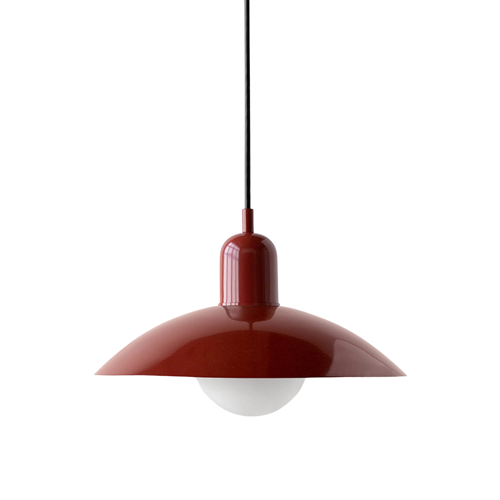Hanging ceiling lamp with shallow curved metal shade