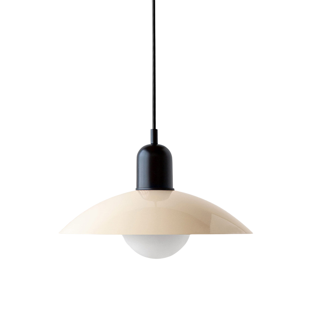 Hanging ceiling lamp with shallow curved metal shade