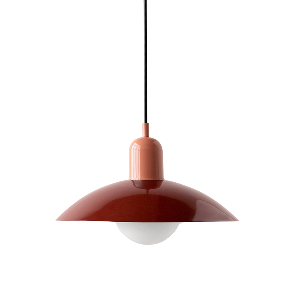 Hanging ceiling lamp with shallow curved metal shade