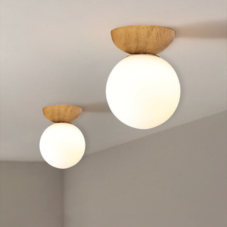 Single Globe Ceiling Light with Wooden Detail and Metal Mount