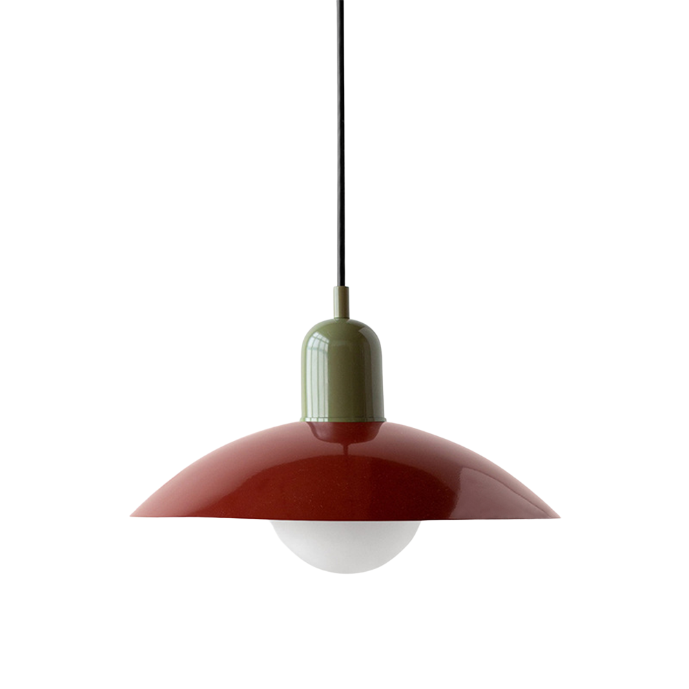 Hanging ceiling lamp with shallow curved metal shade