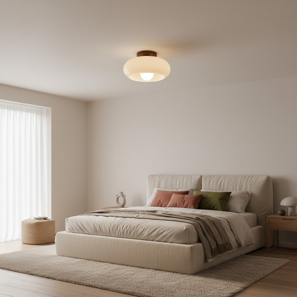 French Bauhaus Ceiling Light Fixture with Opal Glass Shade