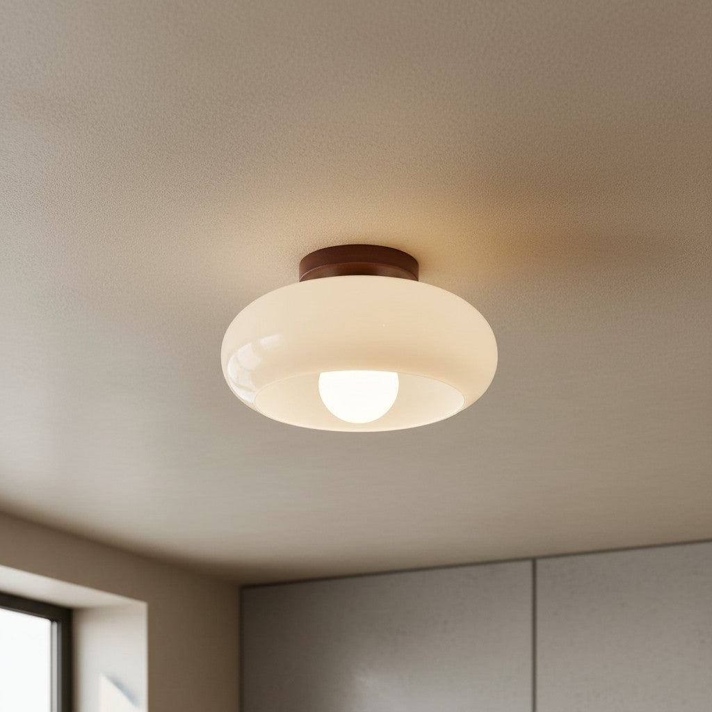 French Bauhaus Ceiling Light Fixture with Opal Glass Shade