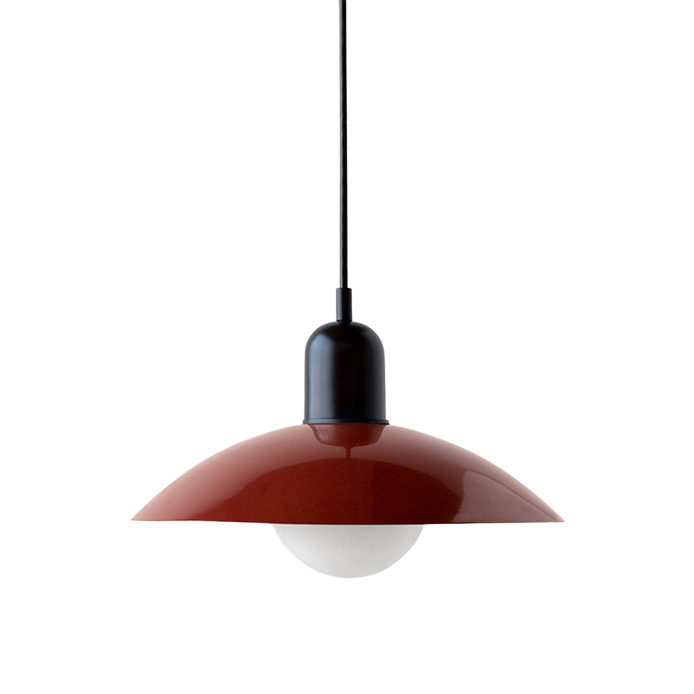Hanging ceiling lamp with shallow curved metal shade
