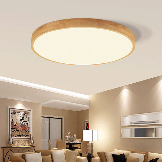 Round LED Flush Ceiling Light with Wooden Frame