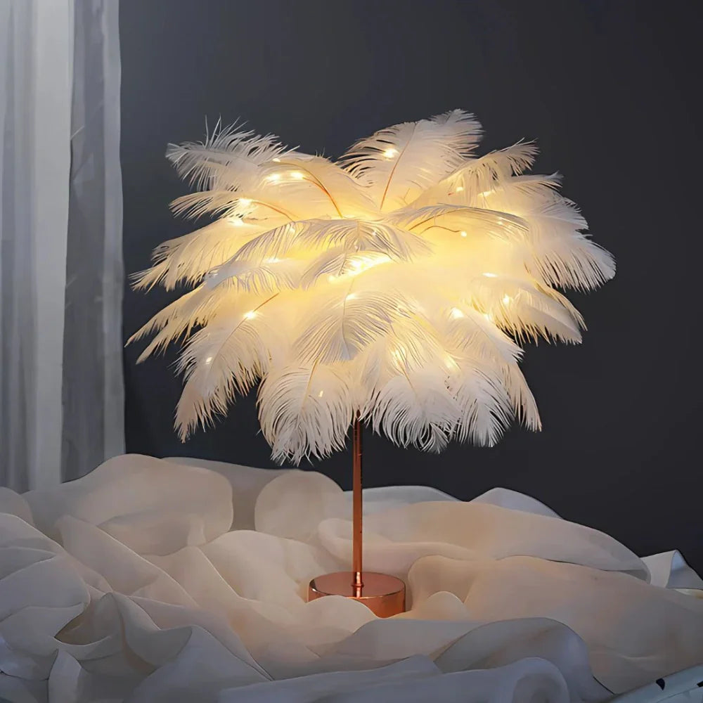 Feather Table Lamp with Metal Stem and Round Base