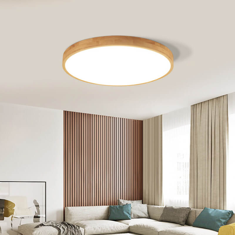 Round LED Flush Ceiling Light with Wooden Frame
