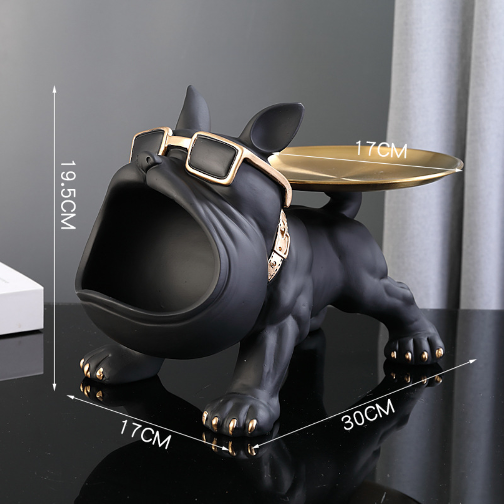 Polyresine bulldogbeeldje met gouden dienblad