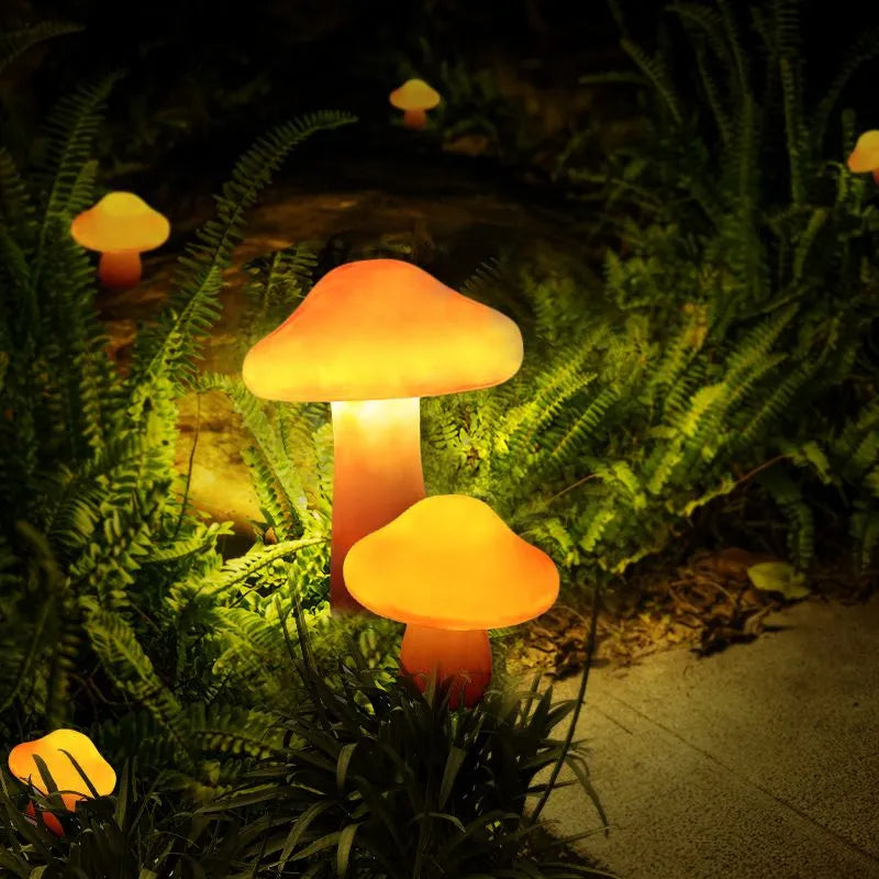 Outdoor Mushroom LED Garden Lamp Set in Orange Resin