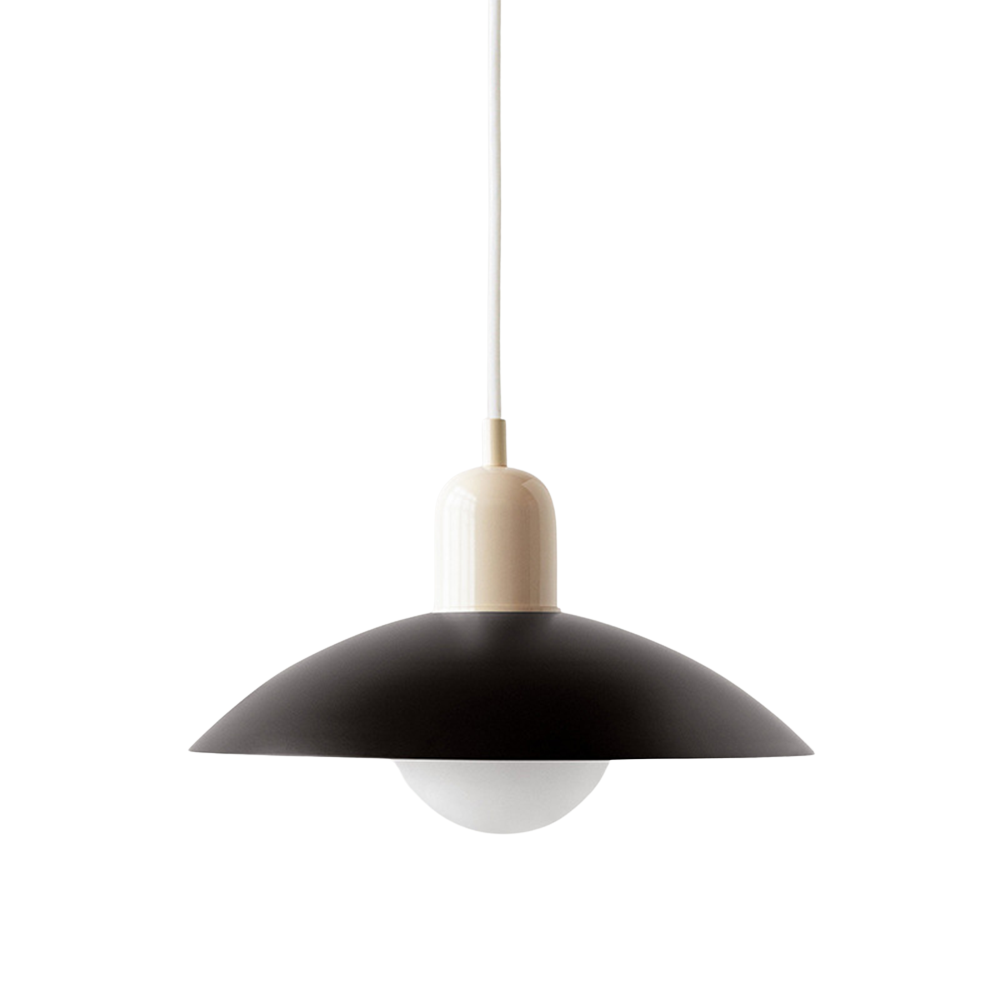 Hanging ceiling lamp with shallow curved metal shade