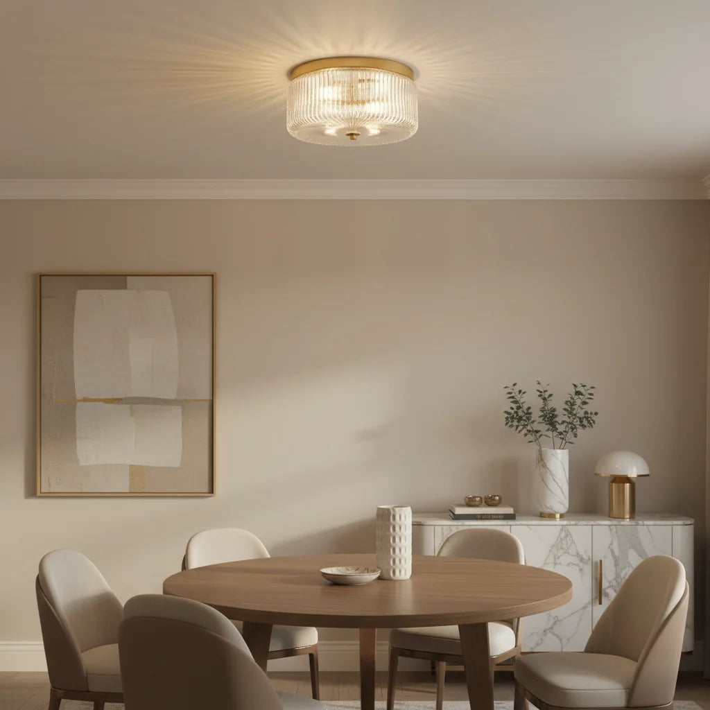 Round Ribbed Glass Ceiling Light with Gold Finish