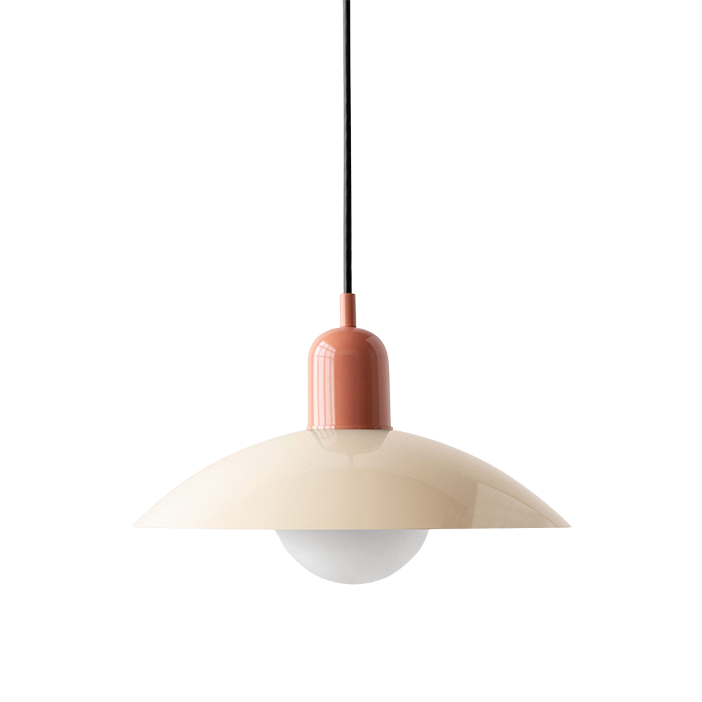 Hanging ceiling lamp with shallow curved metal shade