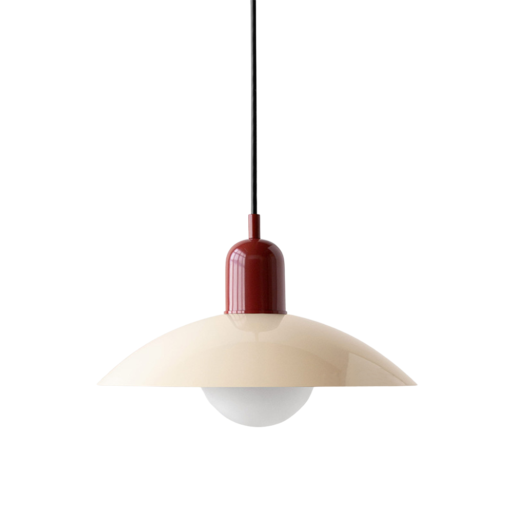 Hanging ceiling lamp with shallow curved metal shade