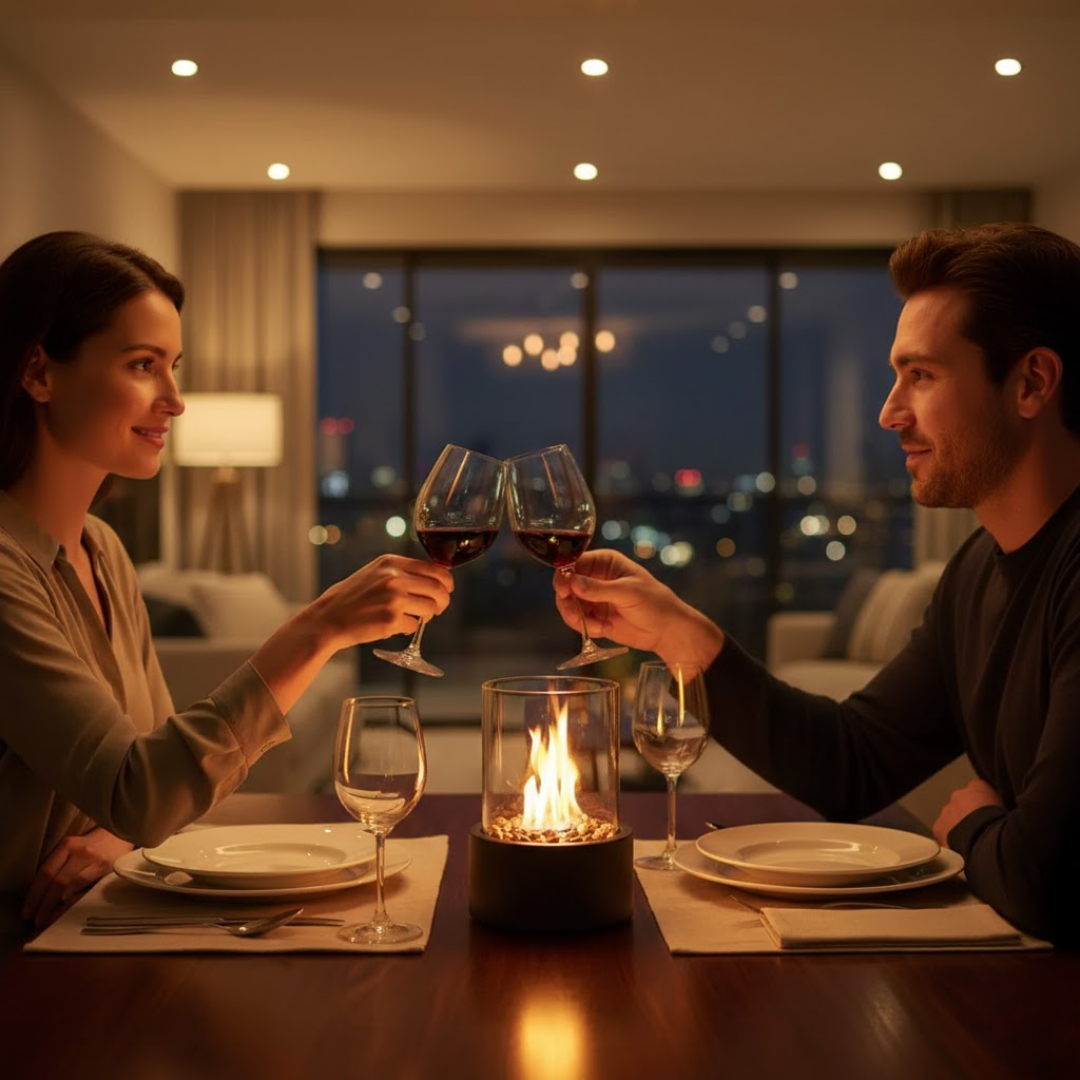 Tabletop Bio ethanol Fireplace with Glass Cylinder and Metal Base