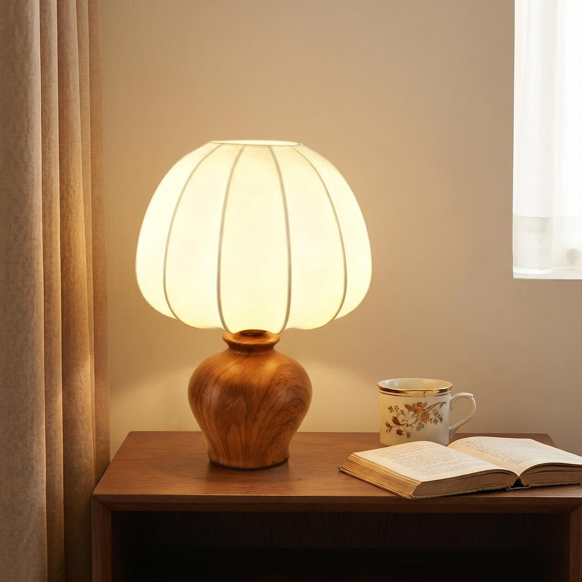 Lampe de chevet rétro en céramique avec abat-jour plissé en lin