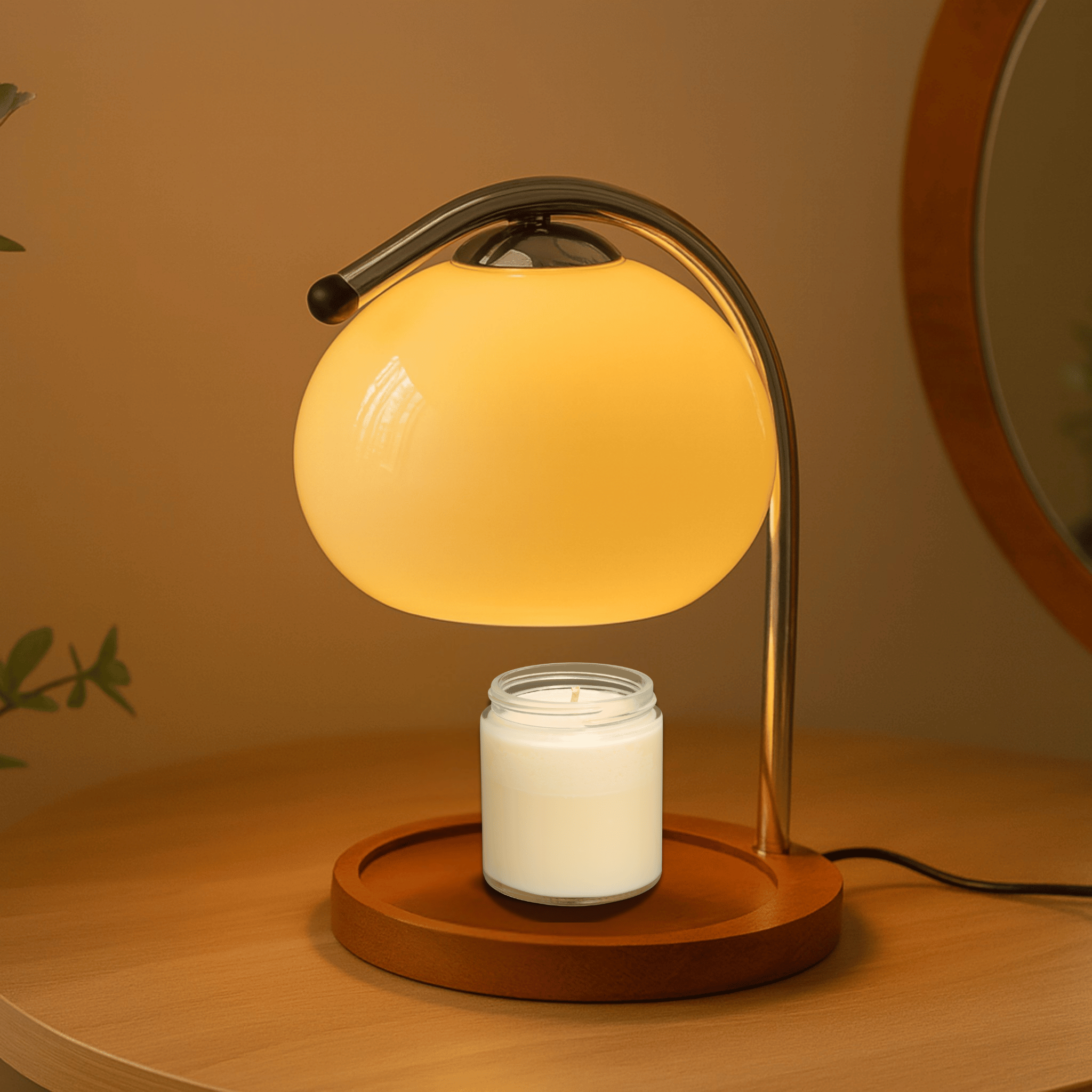 Gevelde Glazen Tafellamp met LED Licht en Kaarsverwarmbasis