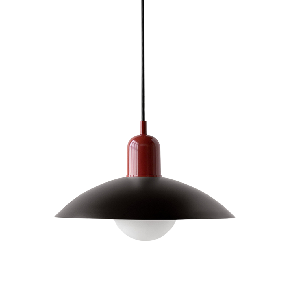 Hanging ceiling lamp with shallow curved metal shade