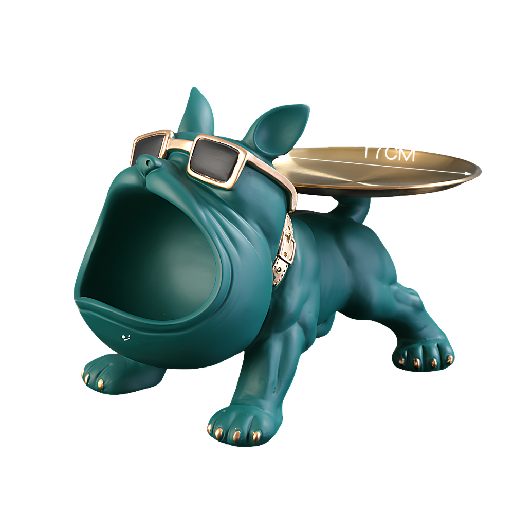 Polyresine bulldogbeeldje met gouden dienblad