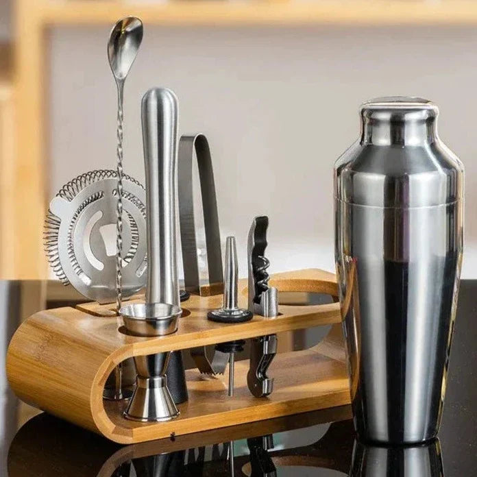 RVS Cocktailshaker Set Met Bamboe Stand