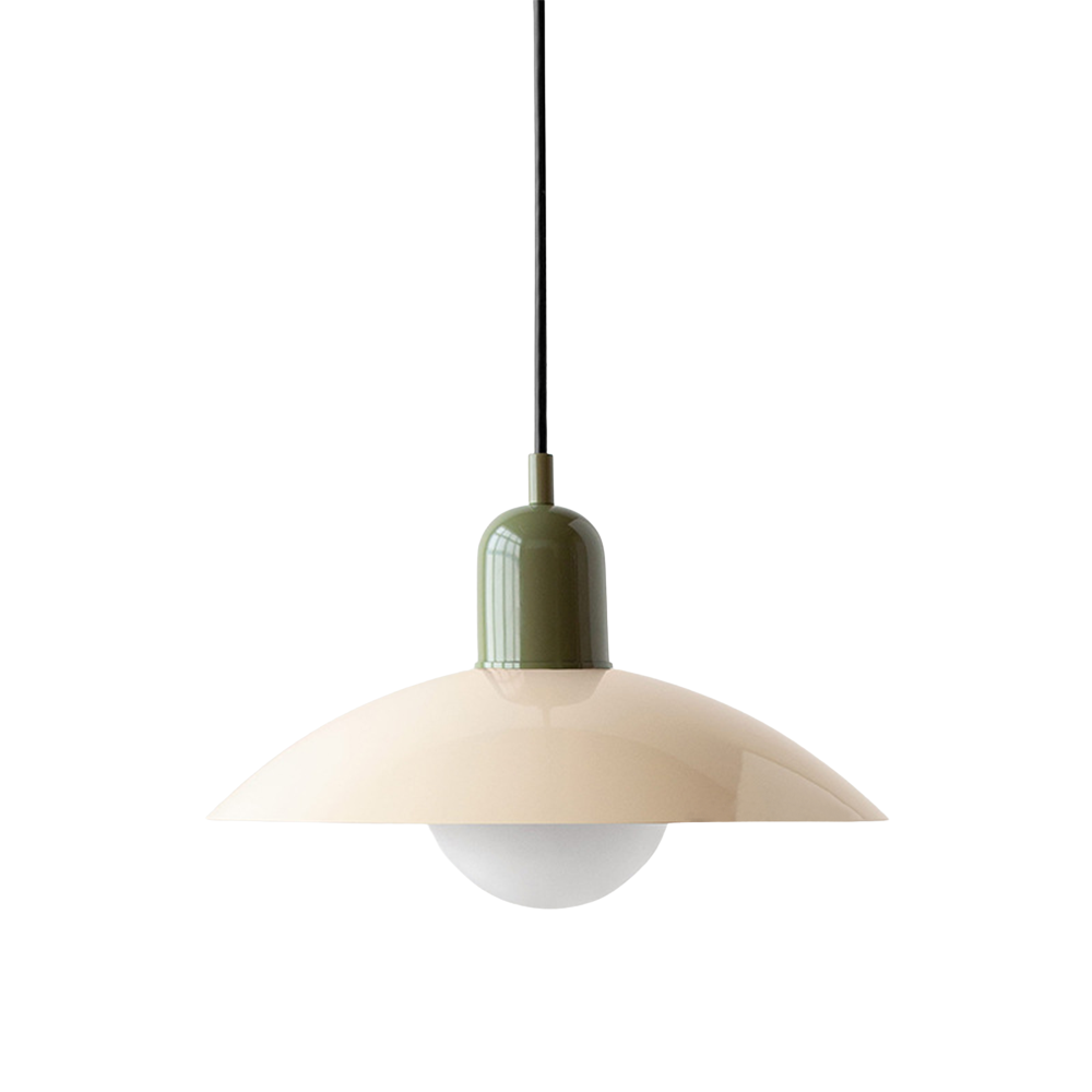 Hanging ceiling lamp with shallow curved metal shade