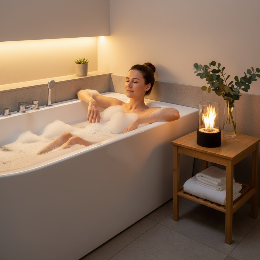 Tabletop Bio ethanol Fireplace with Glass Cylinder and Metal Base