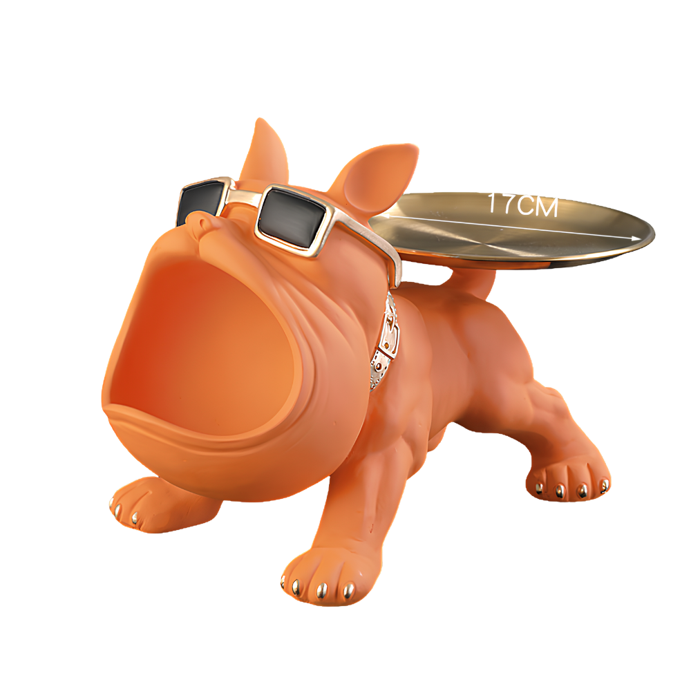 Polyresine bulldogbeeldje met gouden dienblad