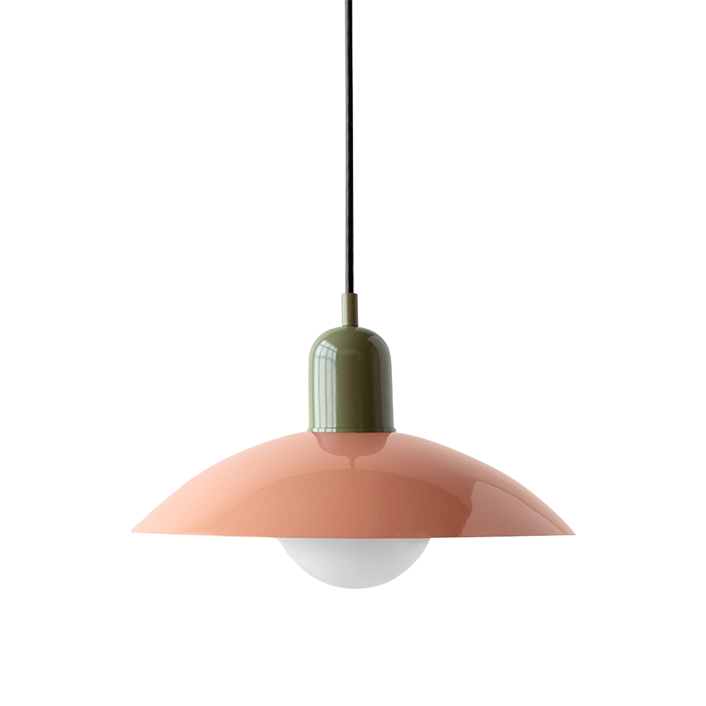 Hanging ceiling lamp with shallow curved metal shade