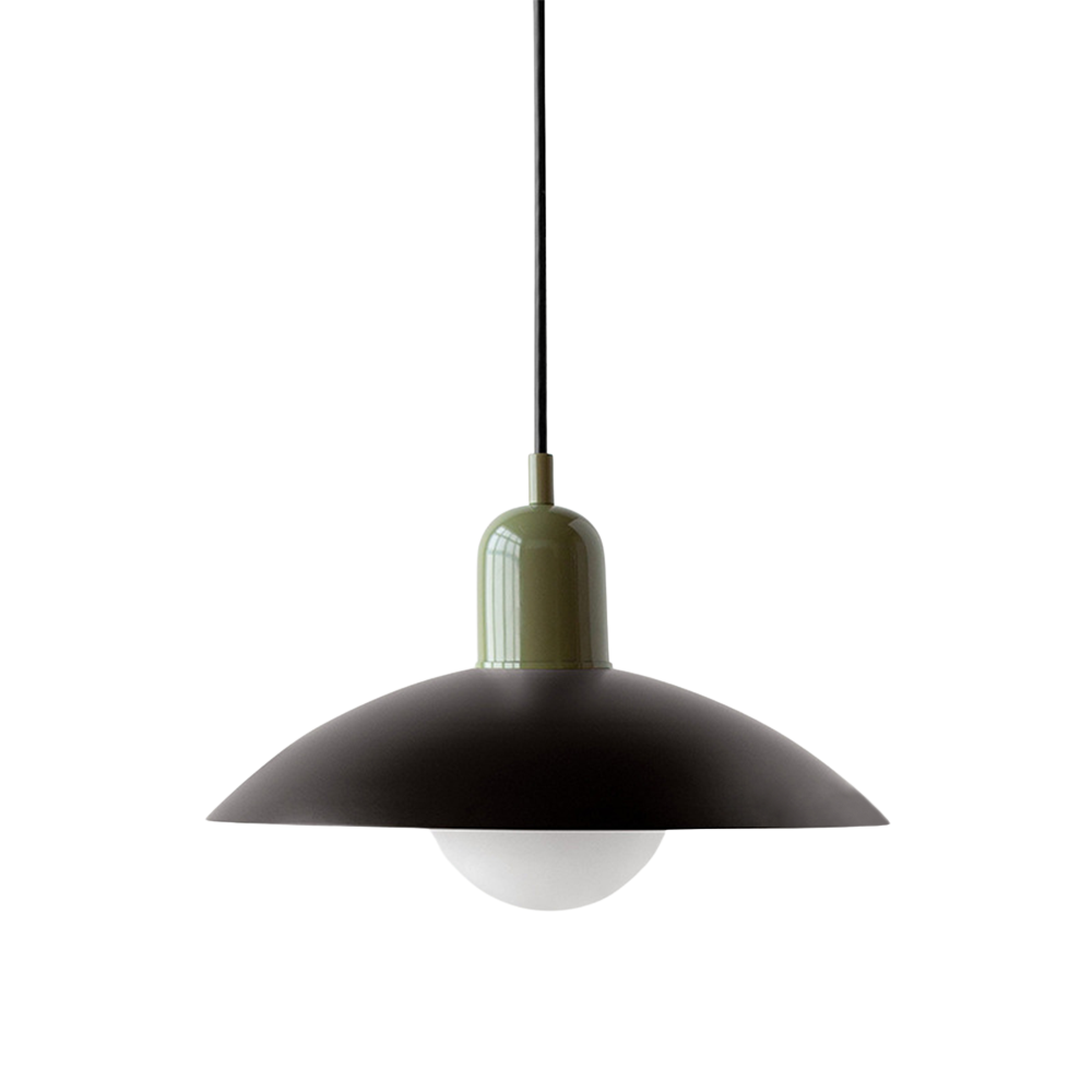 Hanging ceiling lamp with shallow curved metal shade