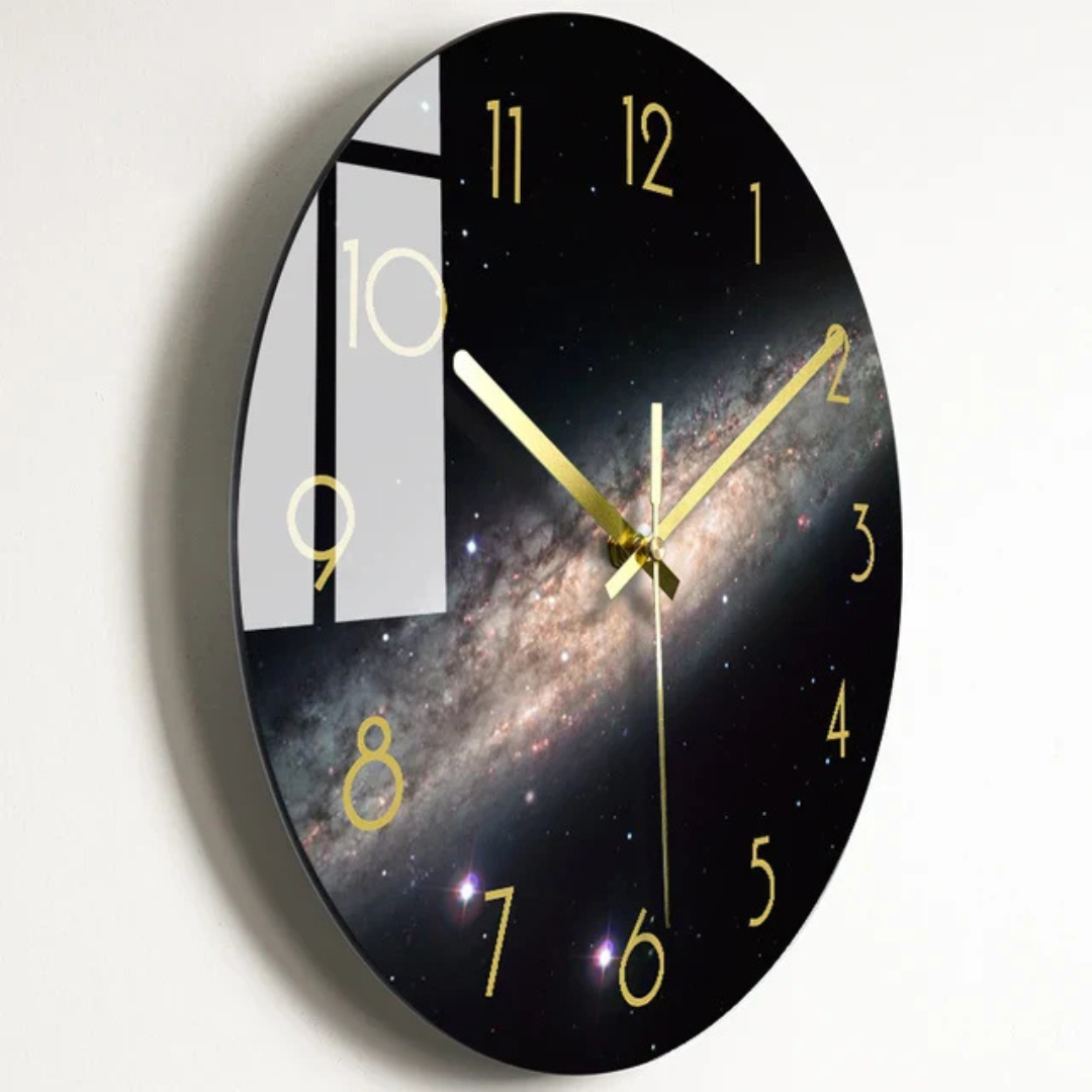 Vibrant Glass Wall Clock with Golden Hands and Number Markers
