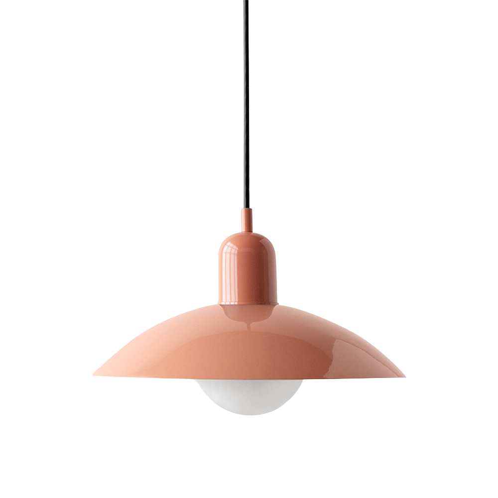 Hanging ceiling lamp with shallow curved metal shade
