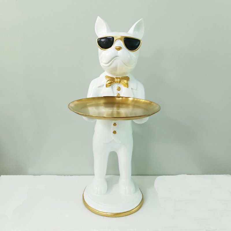 Polyresin Bulldog Ornament With Gold Tray