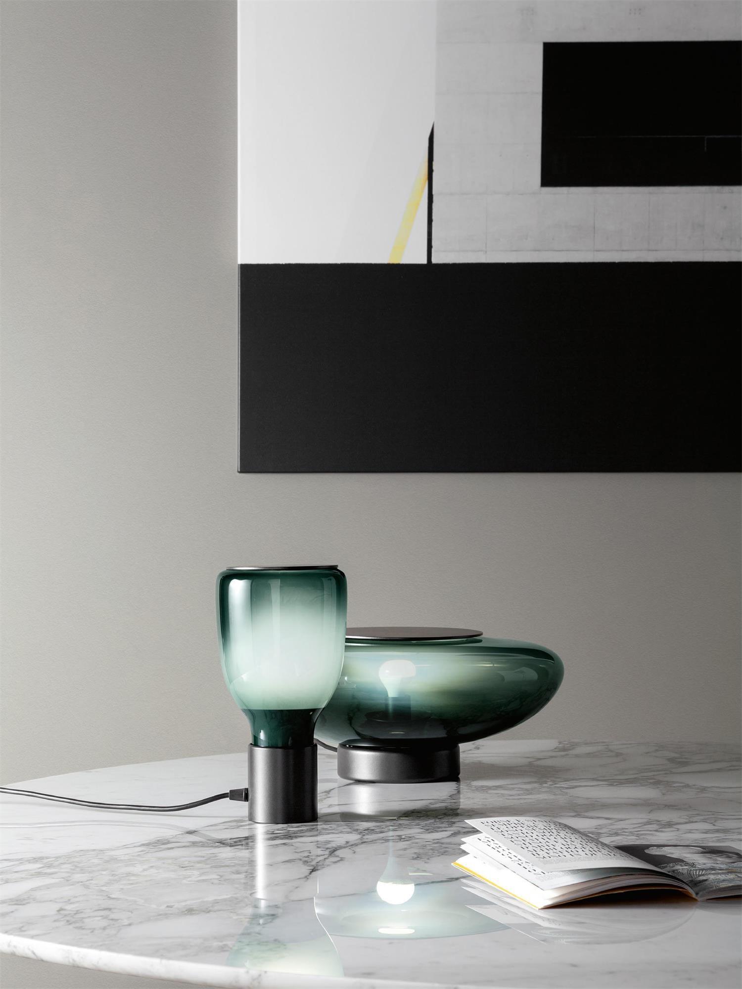 Glass Table Lamp with Cylindrical Shade and Black Base