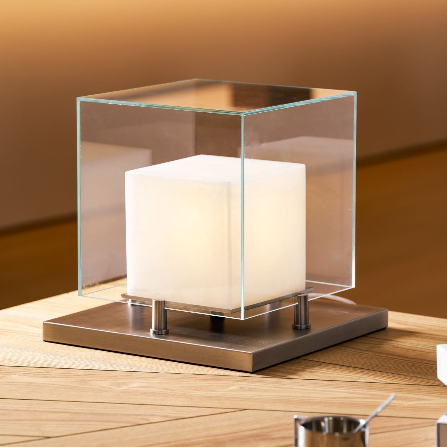 Cube Table Lamp with Glass Enclosure and Metal Base